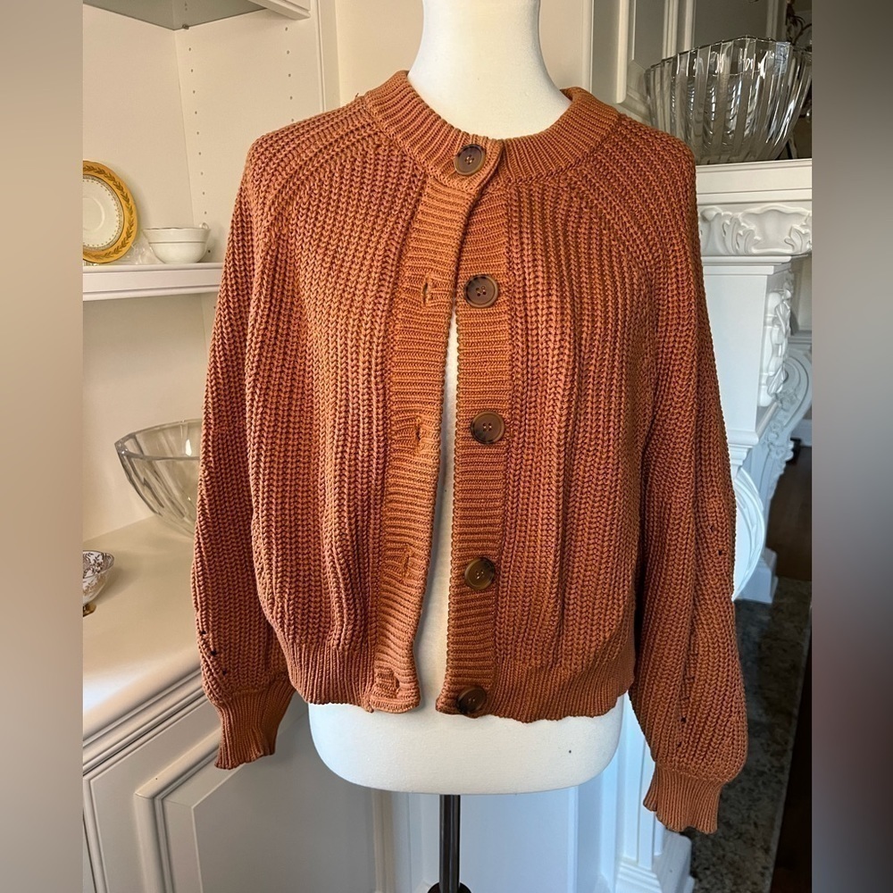 525 AMERICA Cognac cotton heavy knit balloon sleeves size large - Picture 2 of 11